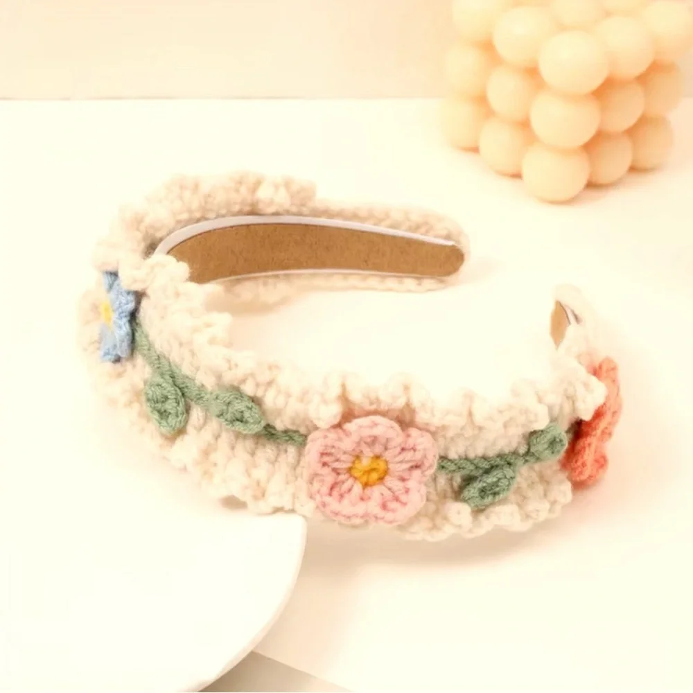 Dainty White Cream Floral Knit/ Crochet Headband